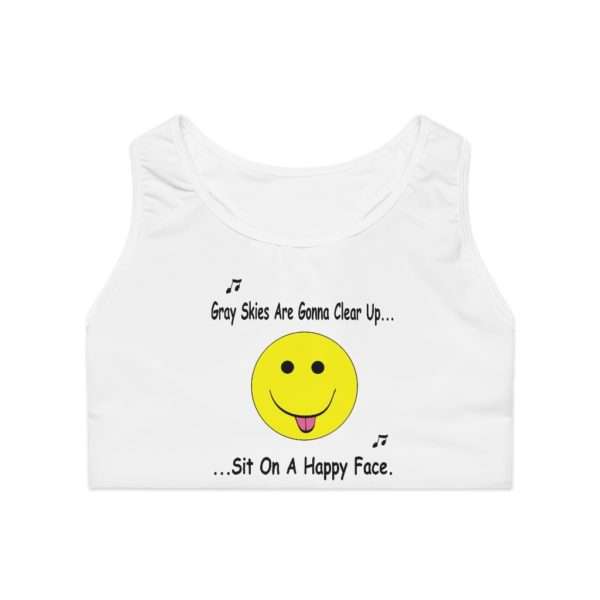 Funny Sports Bra AOP - Gray Skies Are Gonna Clear Up Sit On a Happy Face - Image 2