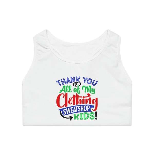 Sports Bra (AOP) - Thank You for All of My Clothing, Sweatshop Kids - Image 2