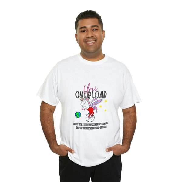 Funny Unisex Heavy Cotton T-shirt - Uni Overload: Unicorn with a Unibrow wearing a unitard riding a unicycle through the universe – so unique! - Image 8