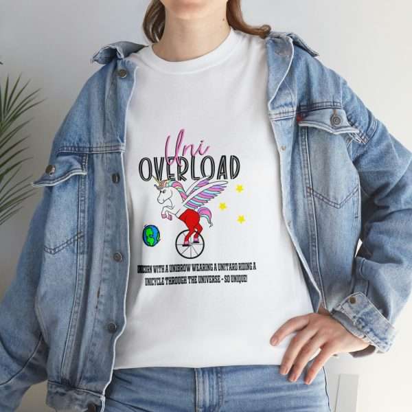 Funny Unisex Heavy Cotton T-shirt - Uni Overload: Unicorn with a Unibrow wearing a unitard riding a unicycle through the universe – so unique! - Image 9