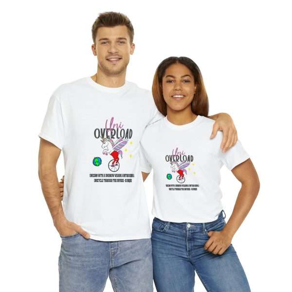 Funny Unisex Heavy Cotton T-shirt - Uni Overload: Unicorn with a Unibrow wearing a unitard riding a unicycle through the universe – so unique! - Image 10