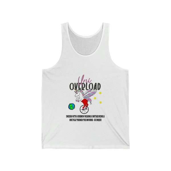 Funny Unisex Jersey Tank Top - Uni Overload: Unicorn with a Unibrow wearing a unitard riding a unicycle through the universe – so unique!