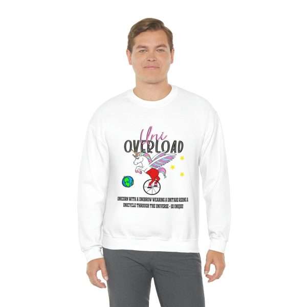 Funny Unisex Heavy Blend Crewneck Sweatshirt - Uni Overload: Unicorn with a Unibrow wearing a unitard riding a unicycle through the universe – so unique!