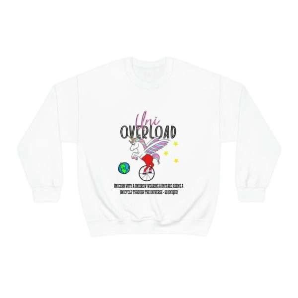 Funny Unisex Heavy Blend Crewneck Sweatshirt - Uni Overload: Unicorn with a Unibrow wearing a unitard riding a unicycle through the universe – so unique! - Image 2