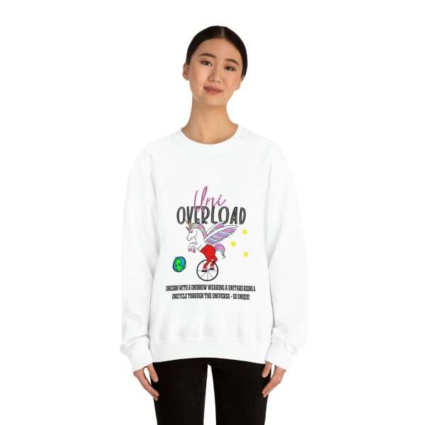 Funny Unisex Heavy Blend Crewneck Sweatshirt - Uni Overload: Unicorn with a Unibrow wearing a unitard riding a unicycle through the universe – so unique! - Image 4