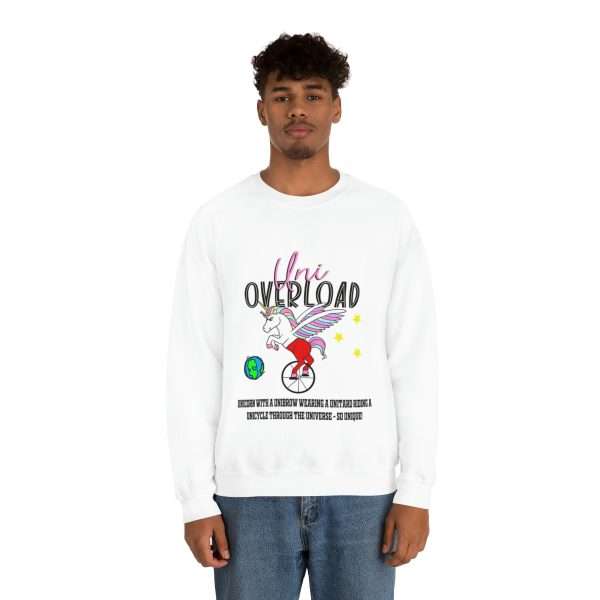 Funny Unisex Heavy Blend Crewneck Sweatshirt - Uni Overload: Unicorn with a Unibrow wearing a unitard riding a unicycle through the universe – so unique! - Image 5