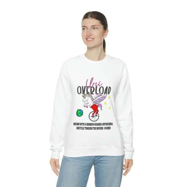 Funny Unisex Heavy Blend Crewneck Sweatshirt - Uni Overload: Unicorn with a Unibrow wearing a unitard riding a unicycle through the universe – so unique! - Image 6