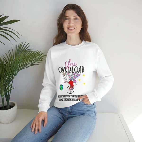 Funny Unisex Heavy Blend Crewneck Sweatshirt - Uni Overload: Unicorn with a Unibrow wearing a unitard riding a unicycle through the universe – so unique! - Image 7