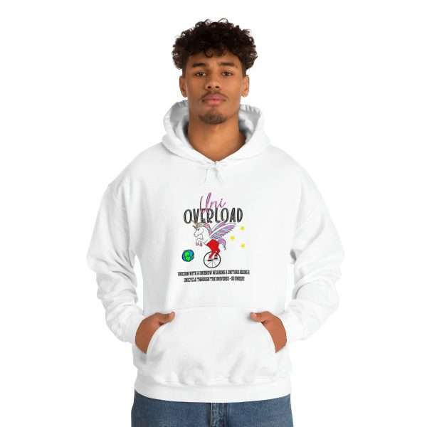 Funny Unisex Heavy Blend Hoodie Sweatshirt - Uni Overload: Unicorn with a Unibrow wearing a unitard riding a unicycle through the universe – so unique! - Image 4