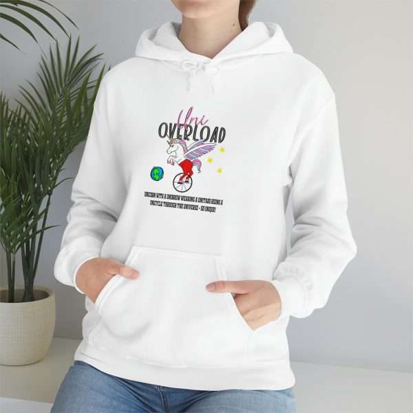 Funny Unisex Heavy Blend Hoodie Sweatshirt - Uni Overload: Unicorn with a Unibrow wearing a unitard riding a unicycle through the universe – so unique! - Image 7