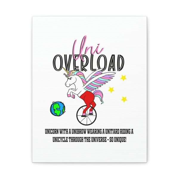 Funny Canvas Art Print Gallery Wrap - Uni Overload: Unicorn with a Unibrow wearing a unitard riding a unicycle through the universe – so unique! - Image 29