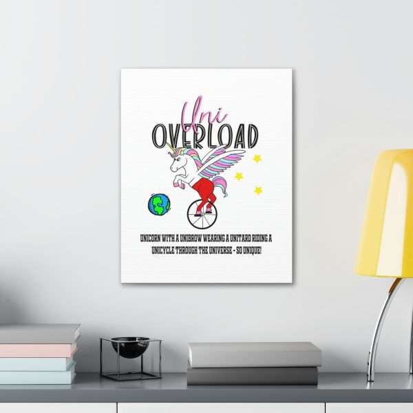 Funny Canvas Art Print Gallery Wrap - Uni Overload: Unicorn with a Unibrow wearing a unitard riding a unicycle through the universe – so unique! - Image 11