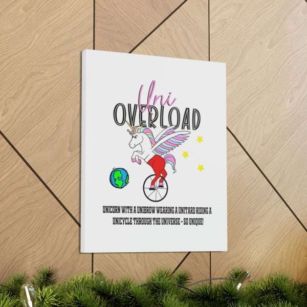 Funny Canvas Art Print Gallery Wrap - Uni Overload: Unicorn with a Unibrow wearing a unitard riding a unicycle through the universe – so unique! - Image 14