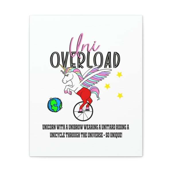 Funny Canvas Art Print Gallery Wrap - Uni Overload: Unicorn with a Unibrow wearing a unitard riding a unicycle through the universe – so unique! - Image 8