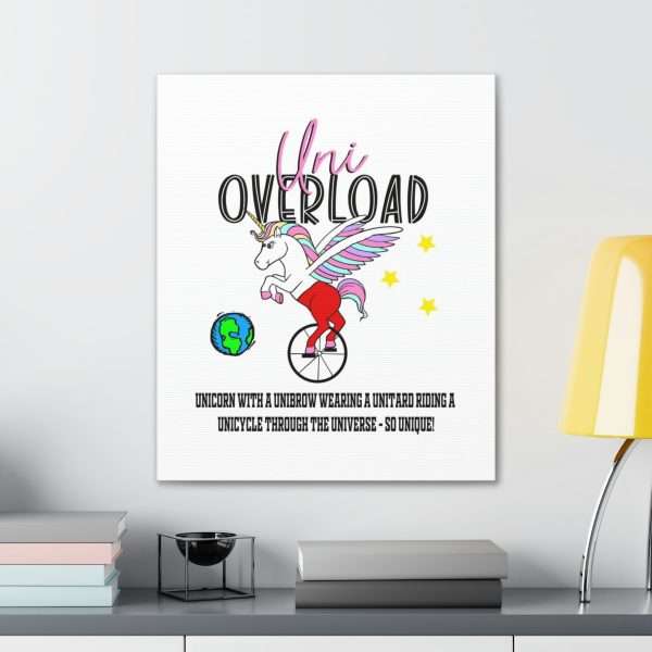 Funny Canvas Art Print Gallery Wrap - Uni Overload: Unicorn with a Unibrow wearing a unitard riding a unicycle through the universe – so unique! - Image 18