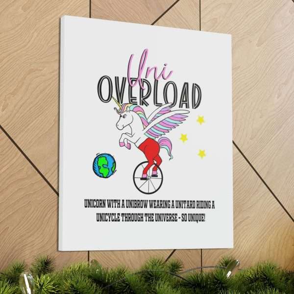 Funny Canvas Art Print Gallery Wrap - Uni Overload: Unicorn with a Unibrow wearing a unitard riding a unicycle through the universe – so unique! - Image 21