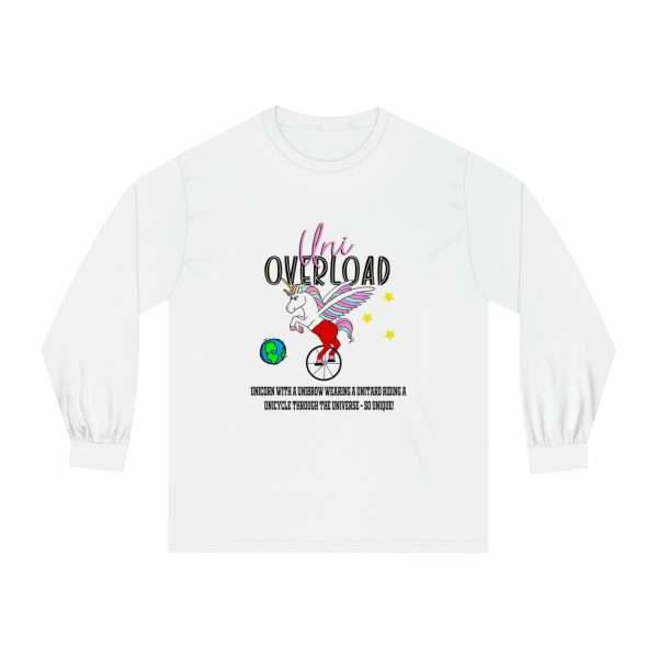 Funny Unisex Classic Long Sleeve T-Shirt - Uni Overload: Unicorn with a Unibrow wearing a unitard riding a unicycle through the universe – so unique! - Image 2