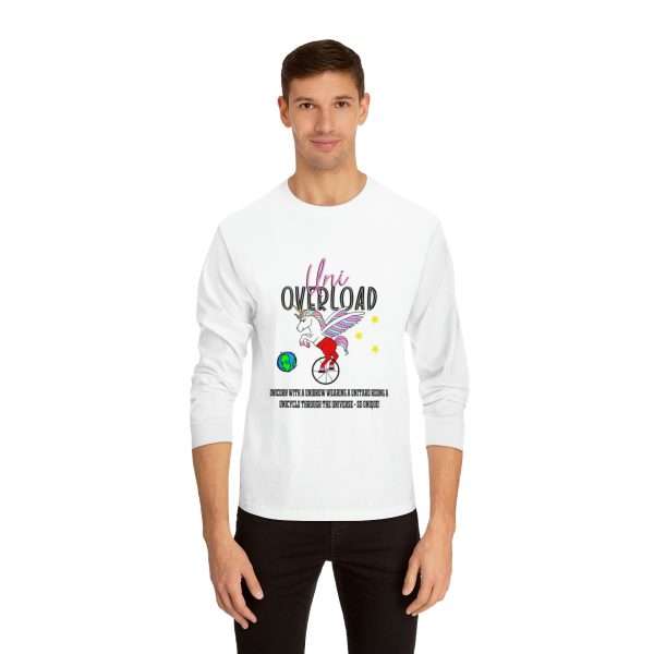 Funny Unisex Classic Long Sleeve T-Shirt - Uni Overload: Unicorn with a Unibrow wearing a unitard riding a unicycle through the universe – so unique! - Image 4