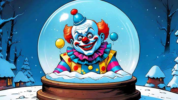 Clown inside a snow globe