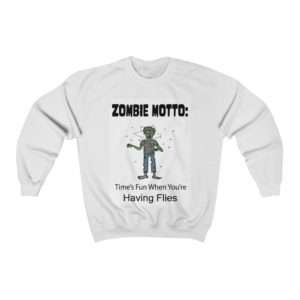 Unisex Heavy Blend™ Crewneck Sweatshirt - Zombie Motto: Time's Fun When You're Having Flies